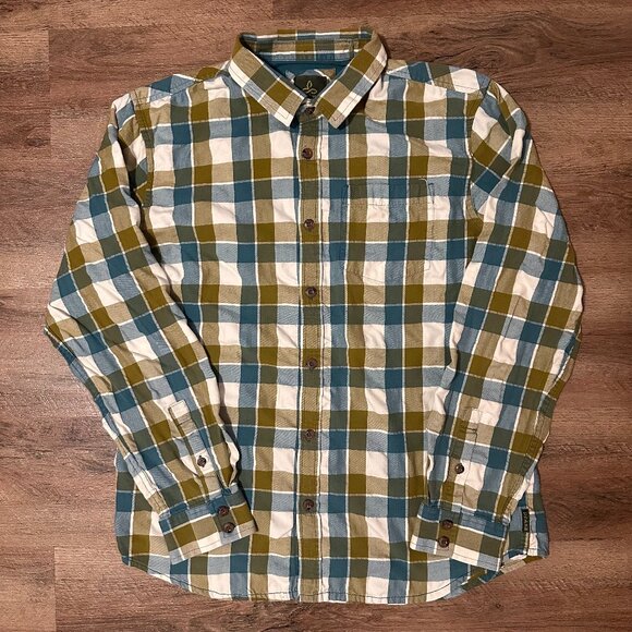 PrAna Casual Button Down Mens Green XL Blue Plaid Rugged Flannel Shirt - Picture 1 of 5